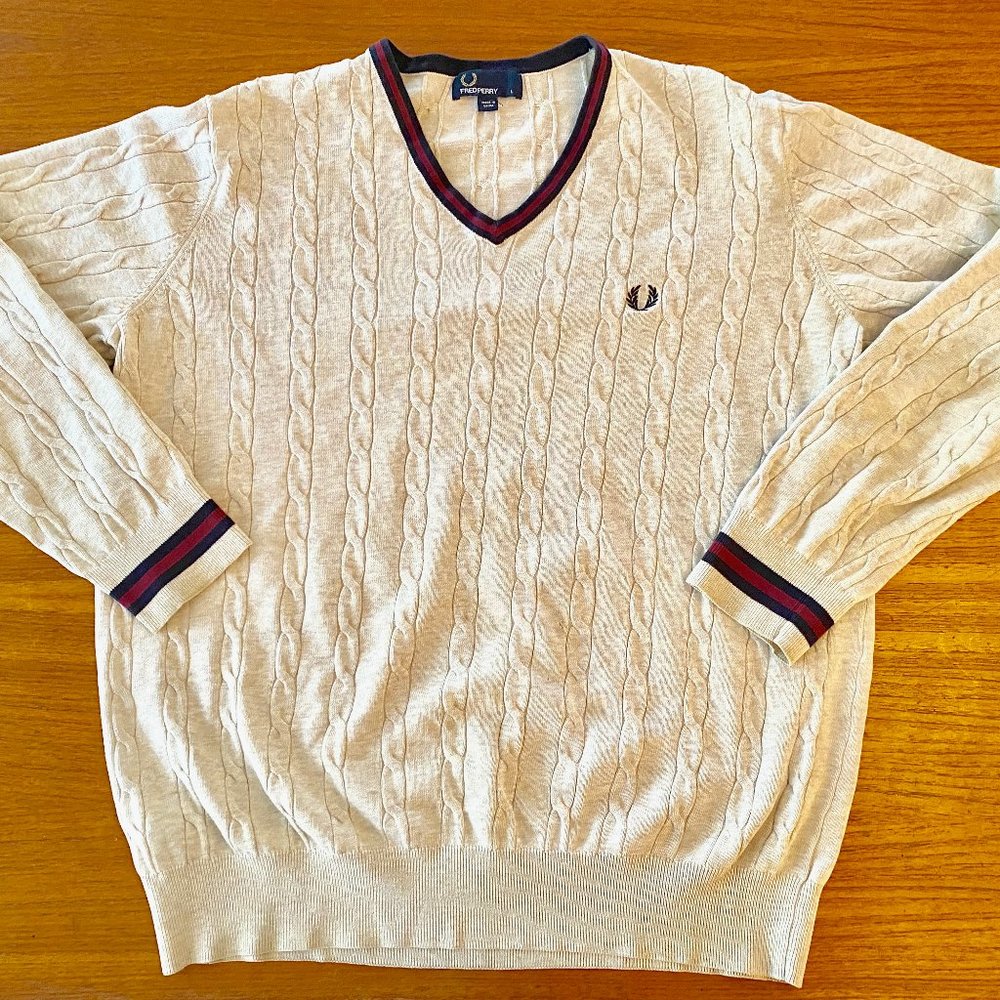 Fred Perry Pullover Tennis Sweater Men's L Ecru w/Navy+Maroon Striping